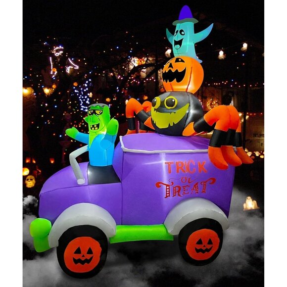 ⚡Halloween Inflatable Decoration Horror Frankenstein Driving A Car with Spider - Picture 3 of 6